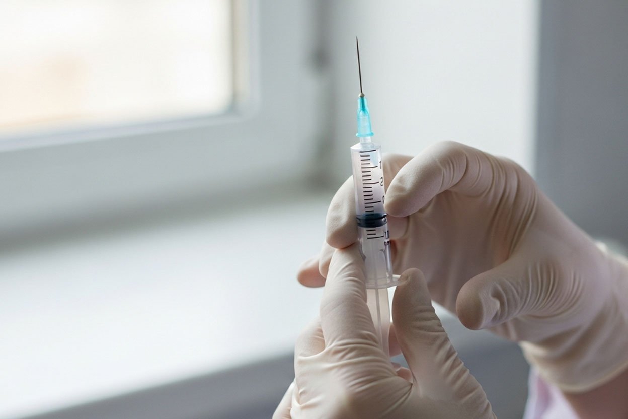 Врач держит шприц в руках